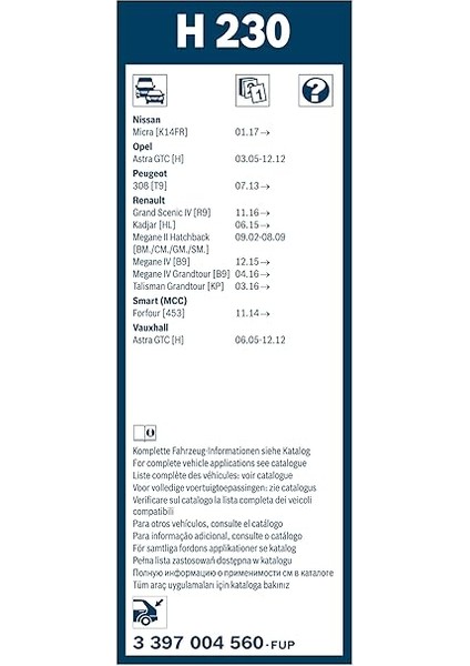 Rear Arka Silecek Renault Megane 4 (2016-2023), Nissan Micra (2019-2021), Peugeot 308 (2014-2021) [230 Mm] H230 3397004560 modelleri