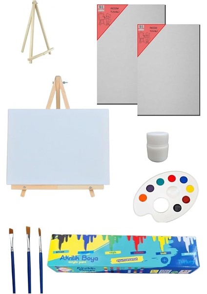 Doğal Seramik Hamuru Resim - Boya Seti - Mini Masa Şövalesi, 2 Adet Tuval, Resim Verniği, Akrilik Boya, Palet, (Şövalye) Karışık