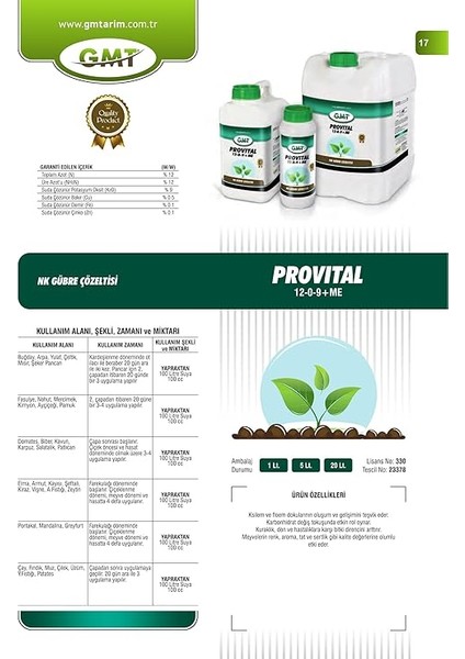 Provital 12-0-9 + Me 1 Lt (Nk Gübre Çözeltisi) modelleri