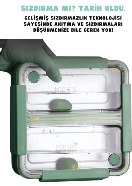 Bento 1100ML Lunchbox Tek Katlı 2 Bölmeli Paslanmaz Çelik Sefer Tası Yemek Kutusu (Yeşil) indirimleri