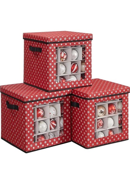 Saklama Kutuları, 3'lü Set, Katlanır Kutular, Kutu Başına 64 Küçük Bölme, Esnek Ayırma Duvarları, 30,5 x 30,5 x 30,5 Cm, Kırmızı, Kar Tanesi Desenli RFB029R01