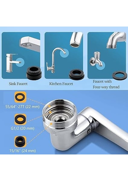 Döner Musluk Başlığı, Evrensel 1080° Dönebilen Filtre Musluk Uzatması, 2 Su Çıkış Desenli, Mutfak Banyo Armatürleri Için, Montaj Aksesuarlı (Model 2.0) modelleri