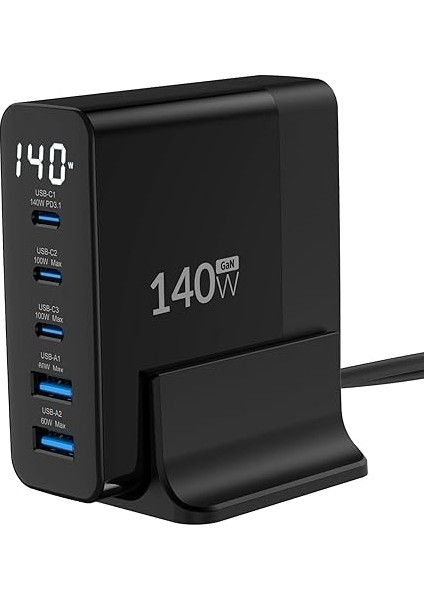 140W Gan Pd 3.1 Masaüstü Hızlı Şarj Cihazı 3 Type-C + 2 Usb-A iPhone &amp; MacBook &amp; Laptop Uyumlu Şarj Aleti fırsatları