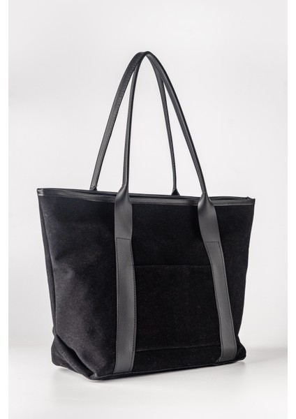 Kadın Büyük Boy Süet Cepli Omuz Kol Çantası Siyah