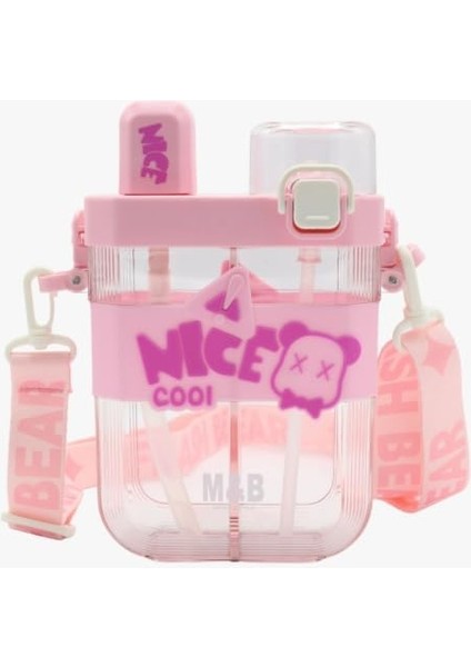 Çift Bölmeli Suluk - Damlatmaz, Ergonomik Pipetli, Taşıma Kayışlı, Kırılmaz, Kolay Açılır Kapağıyla Okul, Ev, Araç ve Seyahat Için Uygun, Pratik ve Güvenli Su Matarası (Pembe)