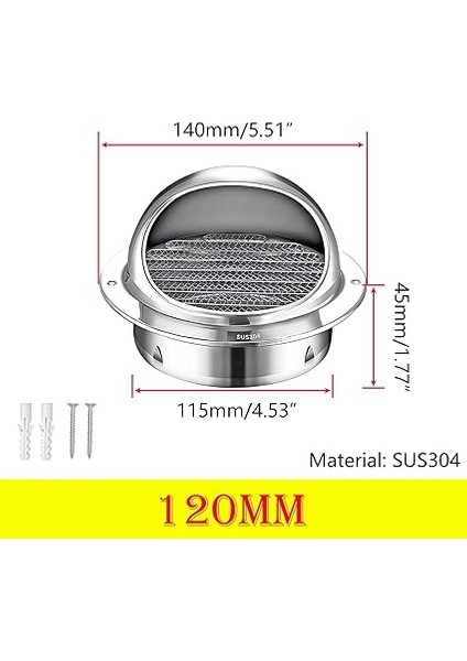 Air Vent 304 Paslanmaz Çelik Boğa Burunlu Dış Havalandırma, Yuvarlak Havalandırma Izgara Ekran Kaputu, Dış Duvar Egzozu Için, Davlumbaz Egzozu, 120 mm fiyatları