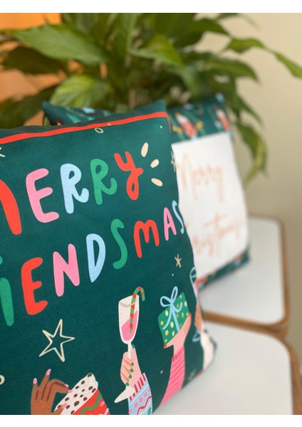 Merry Friendsmas - Merry Christmas Yazılı Yılbaşı Temalı Kırlent Kırlent Kılıfı - Yılbaşı Kırlent Kılıfı fiyatları