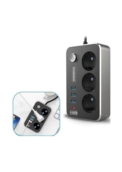 Dayanıklı Termal Akım Korumalı 2 mt 10A 2500W 3lü Priz ve 3 Usbi 21A Uzatma Kablosu indirimleri