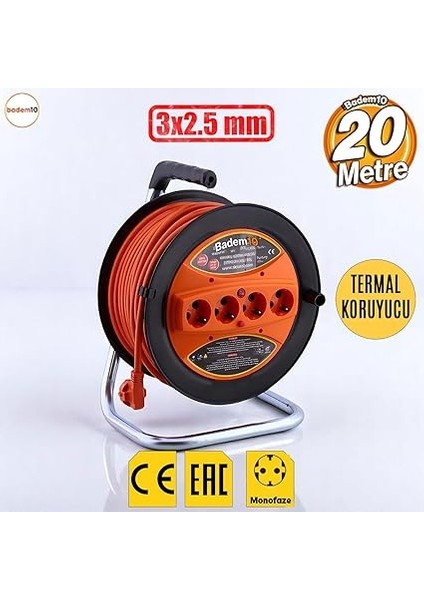 Uzatma Kablosu 3x2.5 mm 20 Metre Plastik Seyyar Makara 4 Prizli Monofaze Termal Sigortalı fiyatları