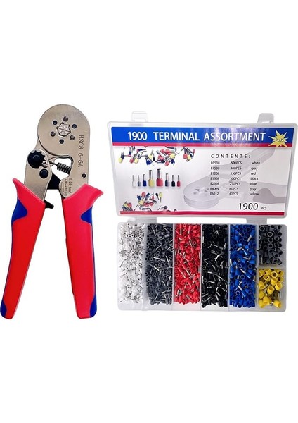 Alet Seti, Sıkma Yüksüğü, 1900 Adet Yalıtımlı Kablo Terminalleri Dahil Kendinden Ayarlı Sıkma Pensesi Seti Alet Ölçer Hsc8 6-6A 0.25-6mm², 23-10 Awg Kırmızı Youmaxe