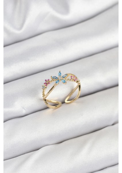 Pirinç Gold Renk Zirkon Taşlı Mavi Çiçekli Kadın Yüzük