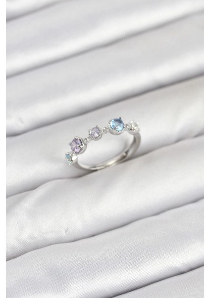 Pirinç Gümüş Renk Renkli Zirkon Taşlı Kadın Yüzük