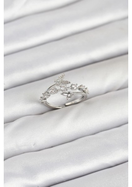 Pirinç Gümüş Renk Zirkon Taşlı Kelebek Model Kadın Yüzük