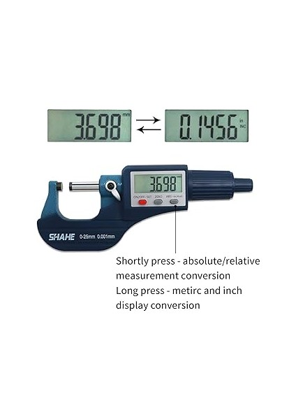 Dijital Dış Mikrometre 0-25 mm /0-1", Metrik ve Inç, 0,0005" (0,001 Mm) Çözünürlük, -0,00 Inç Doğruluk modelleri