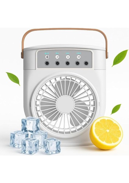 Şarjlı Mini Buharlı Hava Soğutucu, Taşınabilir Portatif Mobil Sulu Klima, 3 Rüzgar Hızı, 3 Sis Modu, Buzlu Vantilatör 5 Sprey Delikli ile LED Işıklı 26CM x 20CM - CRV-002 (CRV-002 - Beyaz)