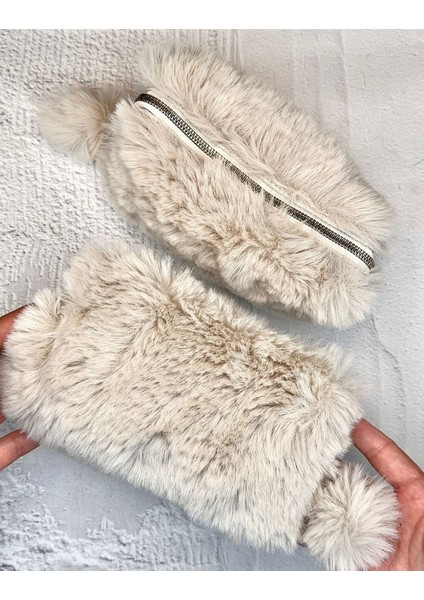 Ponponlu Peluş Bej Kalem Kutu Kalemlik Toparlayıcı Çanta