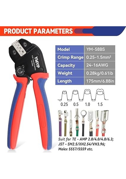Açık Kablo Pabuçları Için Sıkma Pensesi - 0,25-1,5 Mm² Amp-Te 2,8/4,0/4,8/6,3 Jst-Sm2,54/xh2,54/vh3,96 ve Molex Için Sıkma Pensesi modelleri