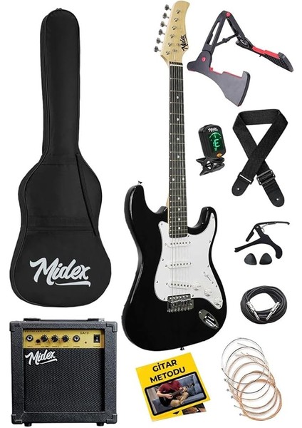 AGE-80BK Amfili Full Elektro Gitar Seti 4/4 Yetişkin 39 Inç White Black
