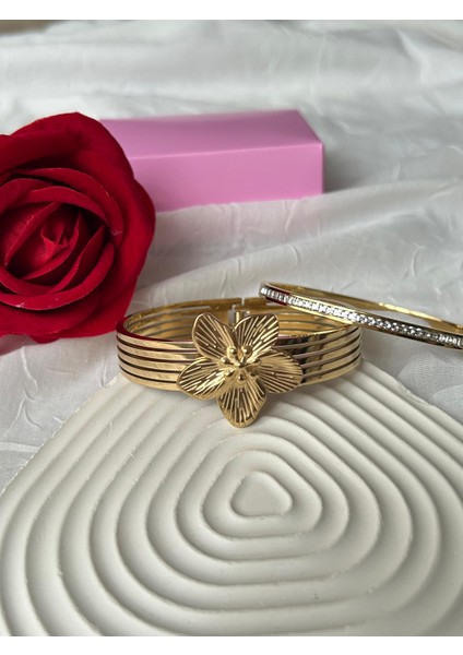 Çelik Taşlı Bileklik 2'li Şık Set Kombin Kadın Bileklik Altın Gümüş Renk Sevgiliye Hediye Kutuluu