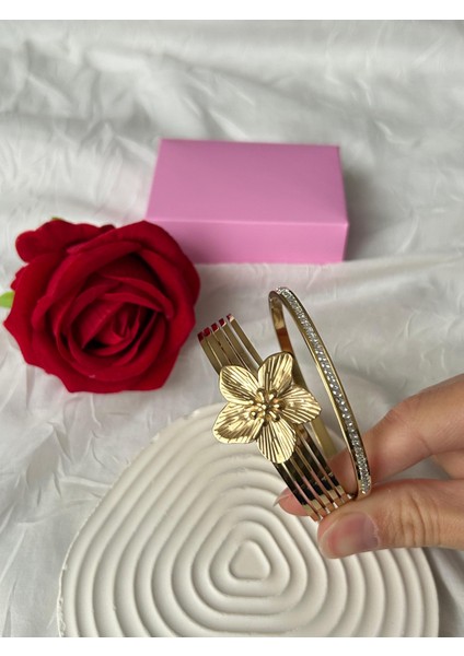 Çelik Taşlı Bileklik 2'li Şık Set Kombin Kadın Bileklik Altın Gümüş Renk Sevgiliye Hediye Kutuluu modelleri