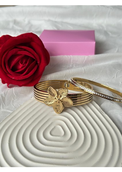 Çelik Taşlı Bileklik 2'li Şık Set Kombin Kadın Bileklik Altın Gümüş Renk Sevgiliye Hediye Kutuluu fırsatları