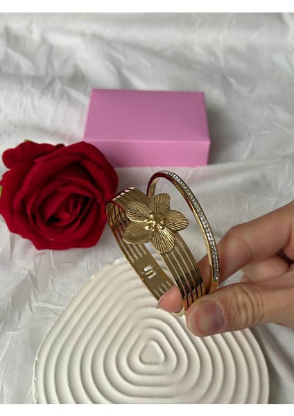 Çelik Taşlı Bileklik 2'li Şık Set Kombin Kadın Bileklik Altın Gümüş Renk Sevgiliye Hediye Kutuluu