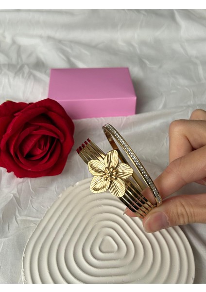 Çelik Taşlı Bileklik 2'li Şık Set Kombin Kadın Bileklik Altın Gümüş Renk Sevgiliye Hediye Kutuluu