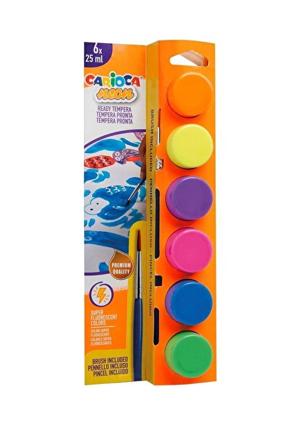 Tempera Suluboya Süper Yıkanabilir Fırçalı Fosforlu Renkler 6*25ML