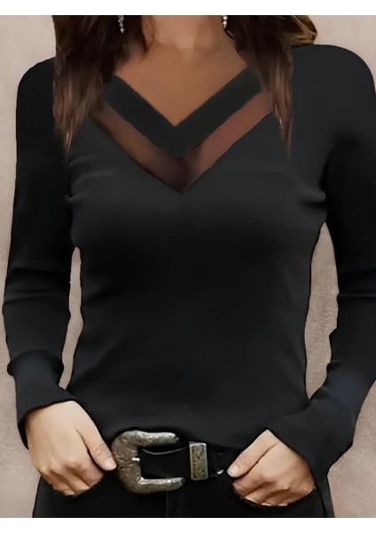 Kadın Uzun Kollu V Yakalı Tül Göğüs Dekolte Detaylı Viskon Bluz modelleri