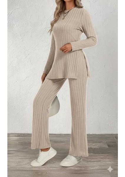 Eyesof Kadın Uzun Kollu Bisiklet Yaka Yandan Yırtmaçlı Şardonlu Kaşkorse Bluz ve Pantolon Ikili Takım