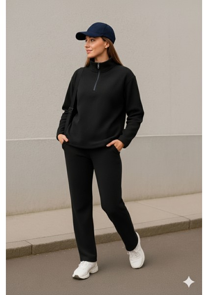 Kadın Balıkçı Yaka Fermuar Detay Polar Sweat ve Pantolon Ikili Takım