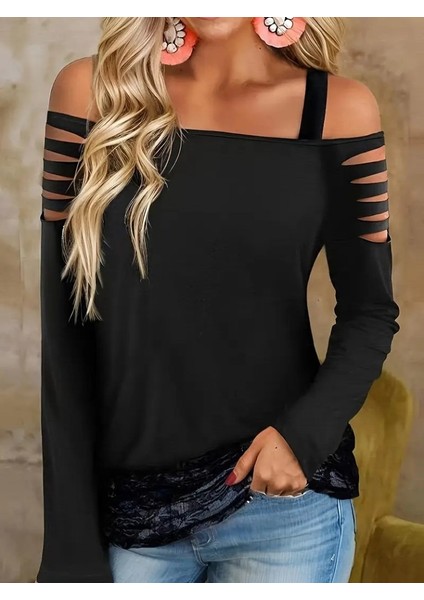 Kadın Uzun Lazer Kesik Detaylı Askılı Viskon Iki Iplik Bluz