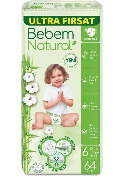 Bebem Bebek Bezi Natural Beden:6 (15+Kg) Extra Large 384 Adet Ekstra Ultra Fırsat Pk fiyatları