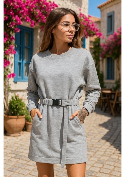 Eyesof Kadın Uzun Kollu Bisiklet Yaka Kuşaklı Iki Iplik Elbise