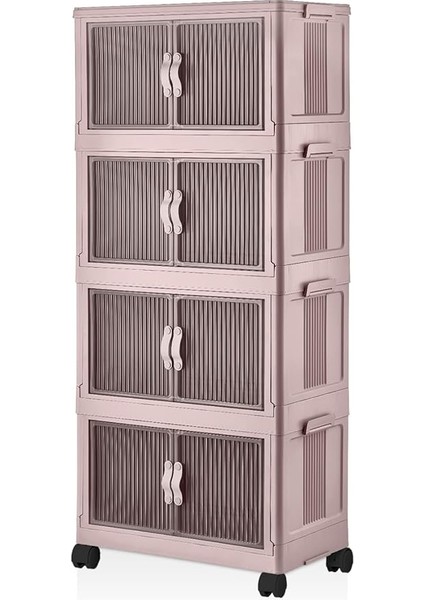 4 Kat Portatif Organizer Tekerlekli Çok Amaçlı Katlanabilir Dolap, Kapaklı Düzenleyici Raf Mutfak, Banyo, Çocuk Odası, Garaj ve Ardiye Için Toparlayıcı Ünite, Stop Tekerlekli (Pudra)
