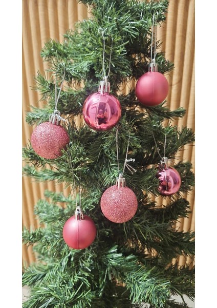 Yılbaşı Ağacı Süsü 4 cm Cici Pembe Rose Küre Top Süs Parlak Küre Süs
