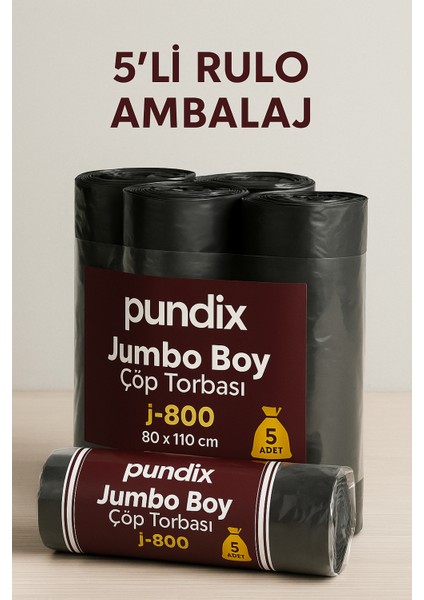 J800 Jumbo Boy Çöp Torbası (80X110 Cm) – 5 Rulo (Toplam 50 Adet)