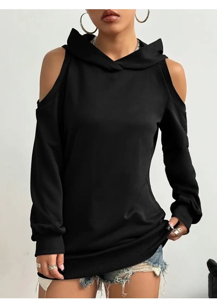 Kadın Uzun Kollu Kapşonlu Omuzlardan Açık Viskon Iki Iplik Bluz