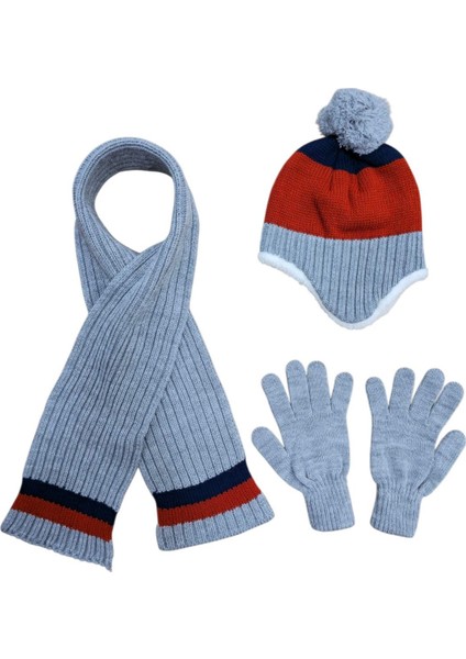 6-12 Yaş Erkek Çocuk Polar Astarlı Kışlık Atkı Bere Eldiven Takımı