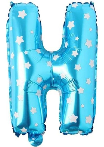 Vitrini H Harfi 16 Inç Mavi Yıldızlı Renk Folyo Balon 36 cm (Mavi)