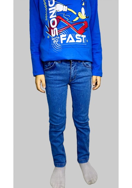 Erkek Çocuk Denim Tırtıklı Mavi Ligralı Kot Pantolon