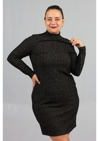 Büyük Beden Balıkçı Yaka Simli Elbise Işıltılı Kış Şıklığı