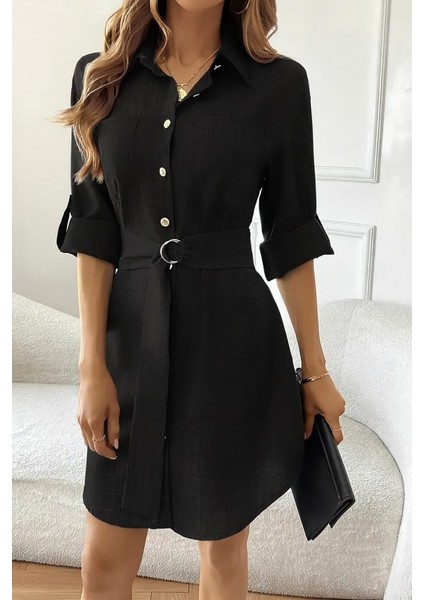 Kadın Uzun Kollu Yakalı Önden Düğmeli Beli Kuşaklı Mini Ithal Keten Elbise