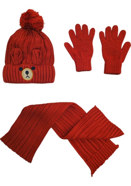 4-8 Yaş Çocuk Sıcak Tutacak Triko Atkı Bere Eldiven Takımı