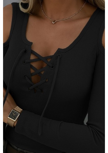 Kadın Omuzlardan Açık Uzun Kollu Bağcıklı Kaşkorse Bluz fiyatları