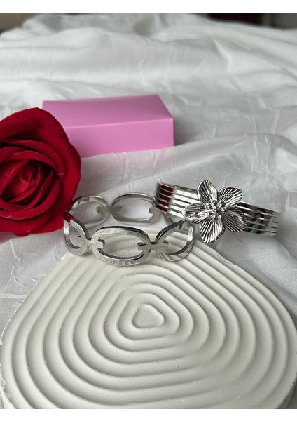 Çelik Taşlı Bileklik 2'li Şık Set Kombin Kadın Bileklik Altın Gümüş Renk Sevgiliye Hediye Kutuluu