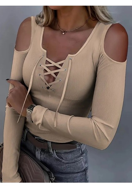 Kadın Omuzlardan Açık Uzun Kollu Bağcıklı Kaşkorse Bluz