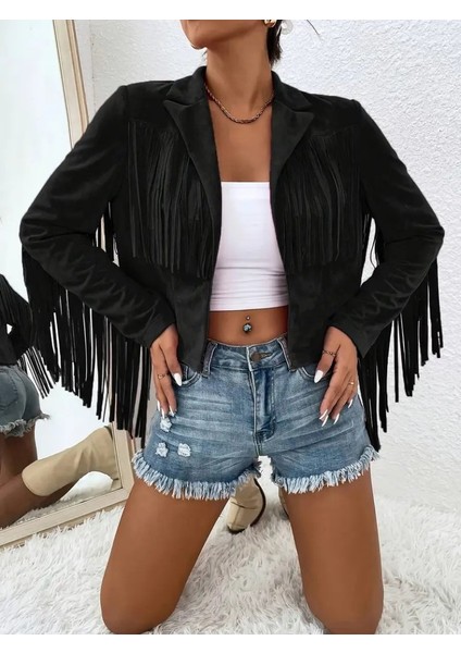 Eyesof Kadın Uzun Kollu Yakalı Kısa Püsküllü Süet Ceket