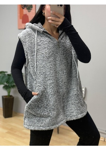 Kadın Kapüşon ve Fermuar Detay Welsoft Kolsuz Yelek