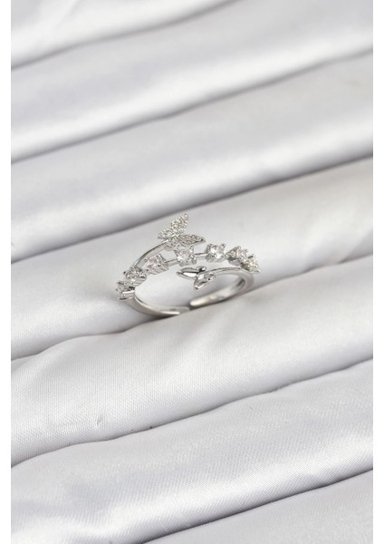 Pirinç Gümüş Renk Zirkon Taşlı Kelebek Model Kadın Yüzük